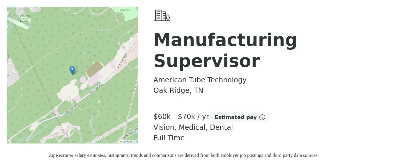 American Tube Technology job posting for a Manufacturing Supervisor in Oak Ridge, TN with a salary of $60,000 to $70,000 Yearly and benefits including dental, medical, pto, and vision with a map of Oak Ridge location.