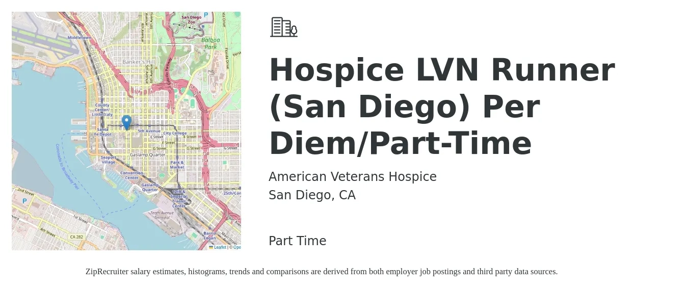American Veterans Hospice job posting for a Hospice LVN Runner (San Diego) Per Diem/Part-Time in San Diego, CA with a salary of $75 Hourly with a map of San Diego location.