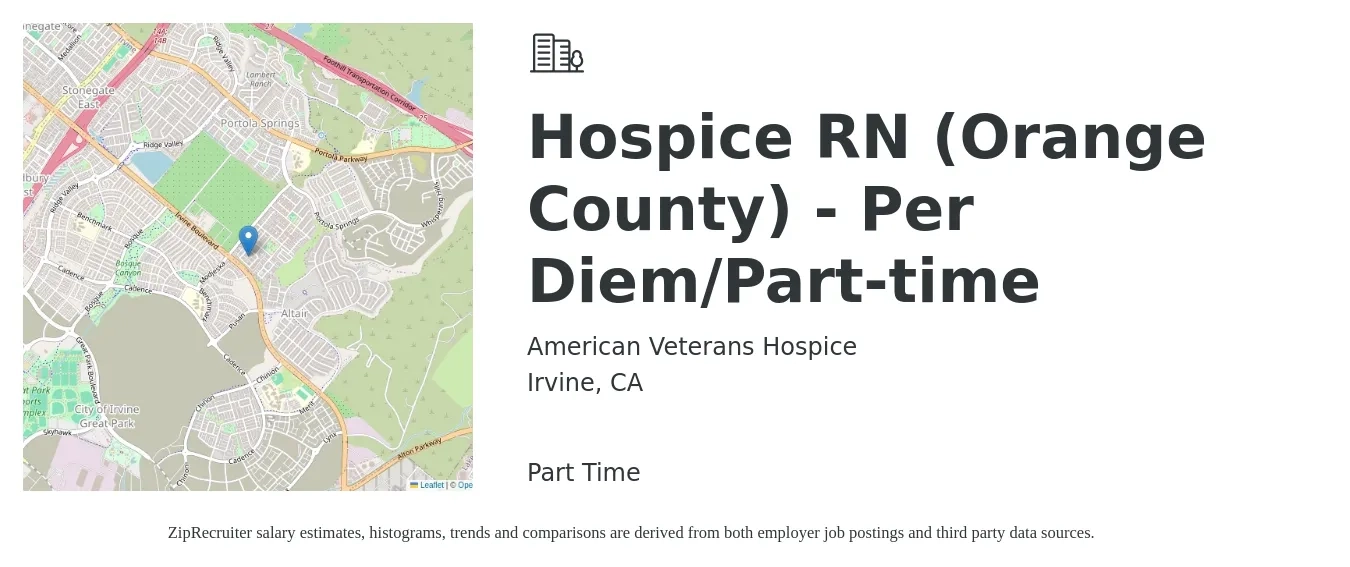 American Veterans Hospice job posting for a Hospice RN (Orange County) - Per Diem/Part-time in Irvine, CA with a salary of $150 Hourly with a map of Irvine location.
