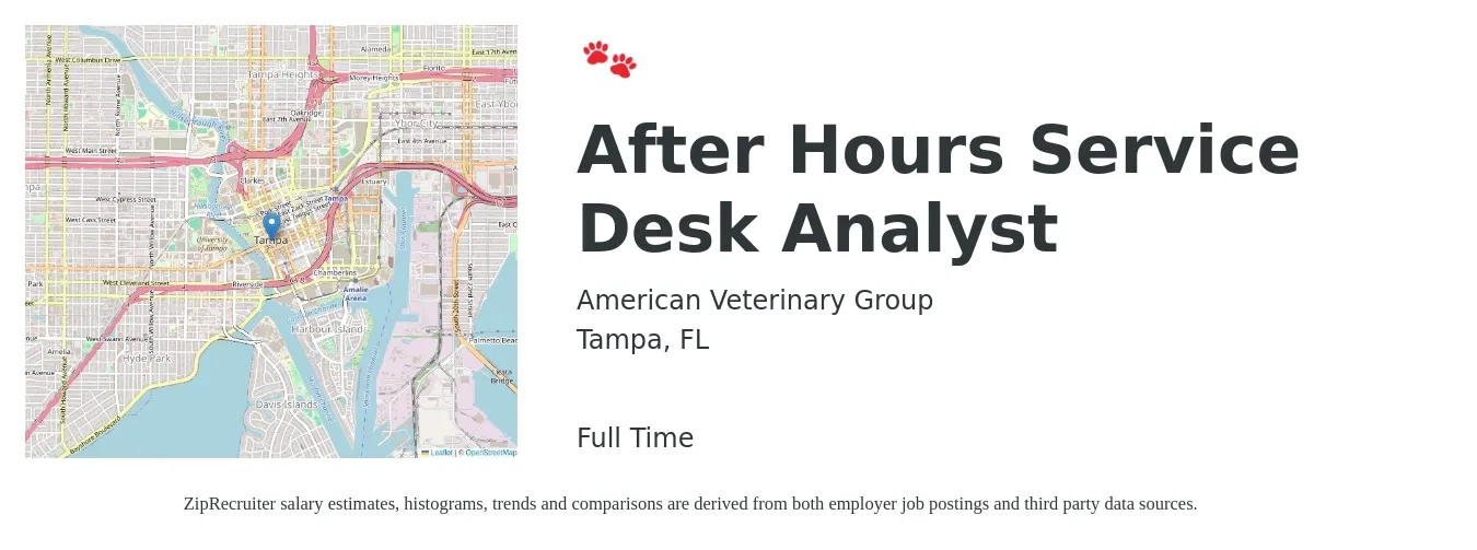 American Veterinary Group job posting for a After Hours Service Desk Analyst in Tampa, FL with a salary of $19 to $26 Hourly with a map of Tampa location.