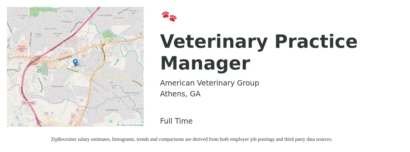 American Veterinary Group job posting for a Veterinary Practice Manager in Athens, GA with a salary of $54,100 to $80,600 Yearly with a map of Athens location.