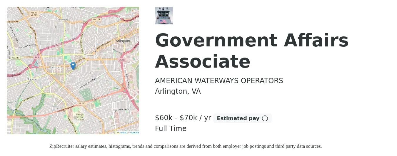 AMERICAN WATERWAYS OPERATORS job posting for a Government Affairs Associate in Arlington, VA with a salary of $60,000 to $70,000 Yearly with a map of Arlington location.