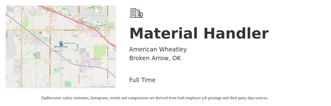 American Wheatley job posting for a Material Handler in Broken Arrow, OK with a salary of $14 to $18 Hourly with a map of Broken Arrow location.