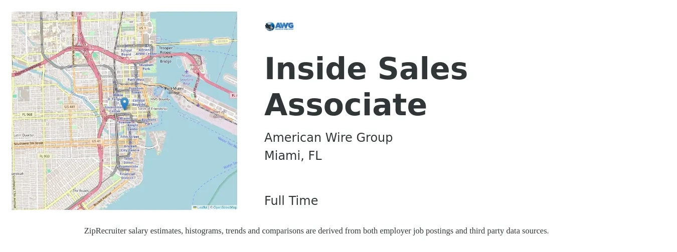 American Wire Group job posting for a Inside Sales Associate in Miami, FL with a salary of $45,000 Yearly with a map of Miami location.