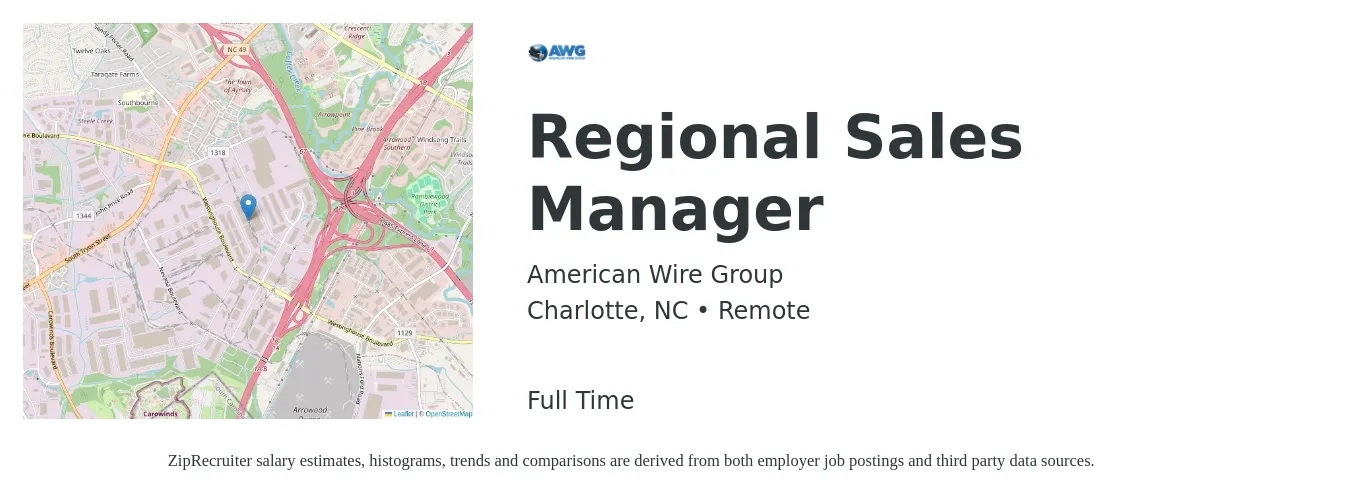 American Wire Group job posting for a Regional Sales Manager in Charlotte, NC with a salary of $70,300 to $109,900 Yearly with a map of Charlotte location.