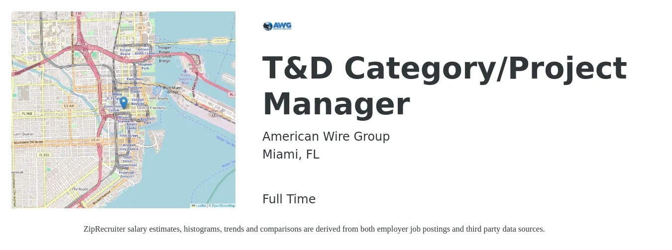 American Wire Group job posting for a T&D Category/Project Manager in Miami, FL with a salary of $72,200 to $105,700 Yearly with a map of Miami location.