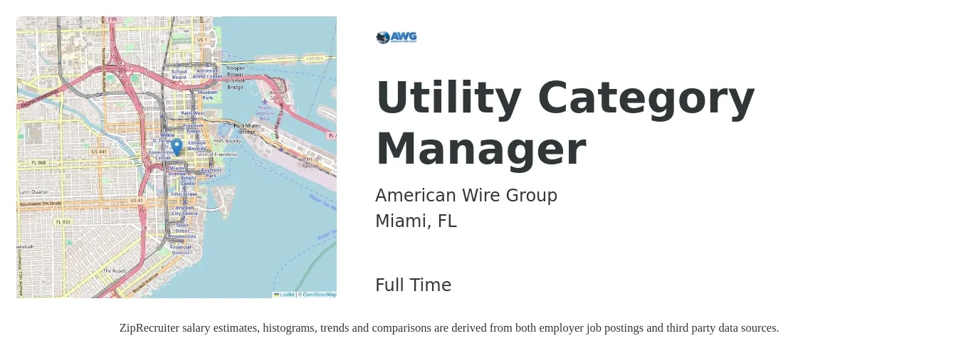 American Wire Group job posting for a Utility Category Manager in Miami, FL with a salary of $72,200 to $105,700 Yearly with a map of Miami location.