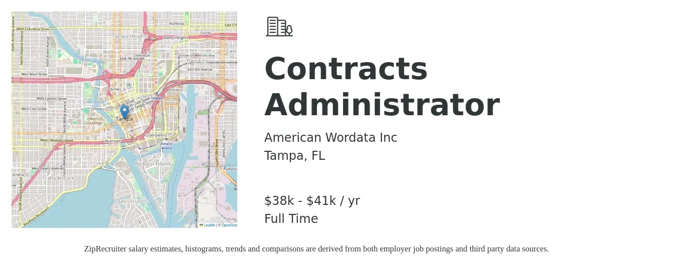 American Wordata Inc job posting for a Contracts Administrator in Tampa, FL with a salary of $38,000 to $41,000 Yearly with a map of Tampa location.