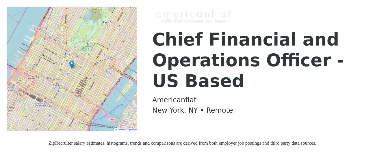 Americanflat job posting for a Chief Financial and Operations Officer -US Based in New York, NY with a salary of $240,000 Yearly with a map of New York location.