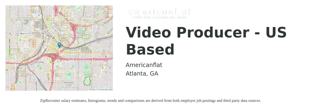 Americanflat job posting for a Video Producer - US Based in Atlanta, GA with a salary of $90,000 Yearly with a map of Atlanta location.