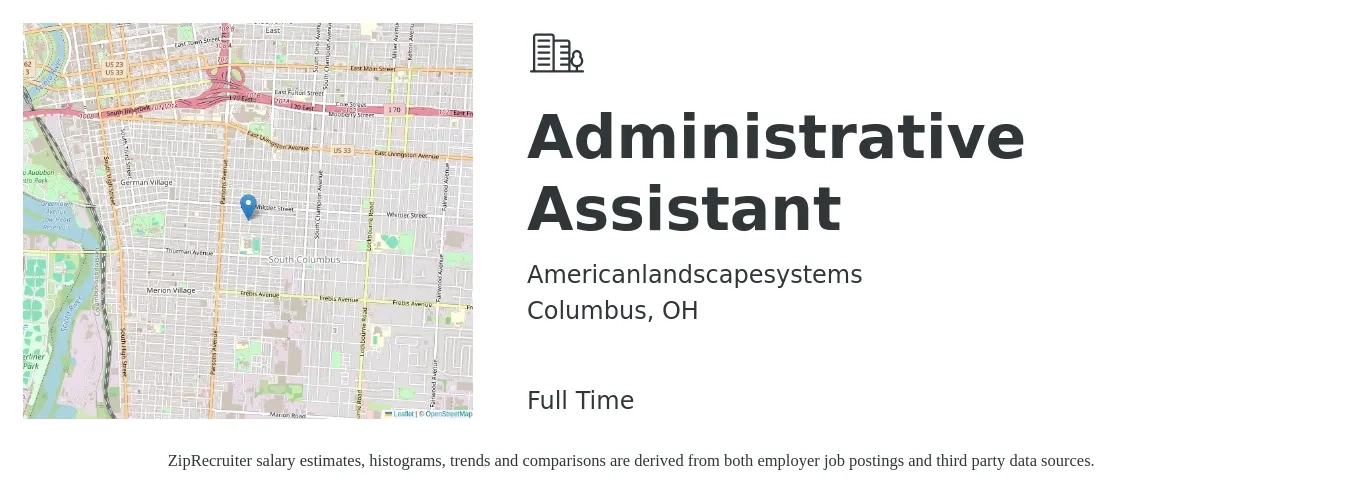 Americanlandscapesystems job posting for a Administrative Assistant in Columbus, OH with a salary of $18 to $24 Hourly with a map of Columbus location.