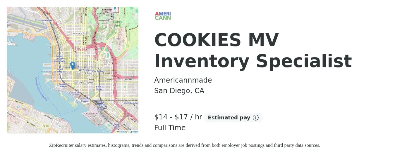 Americannmade job posting for a COOKIES MV Inventory Specialist in San Diego, CA with a salary of $15 to $18 Hourly with a map of San Diego location.