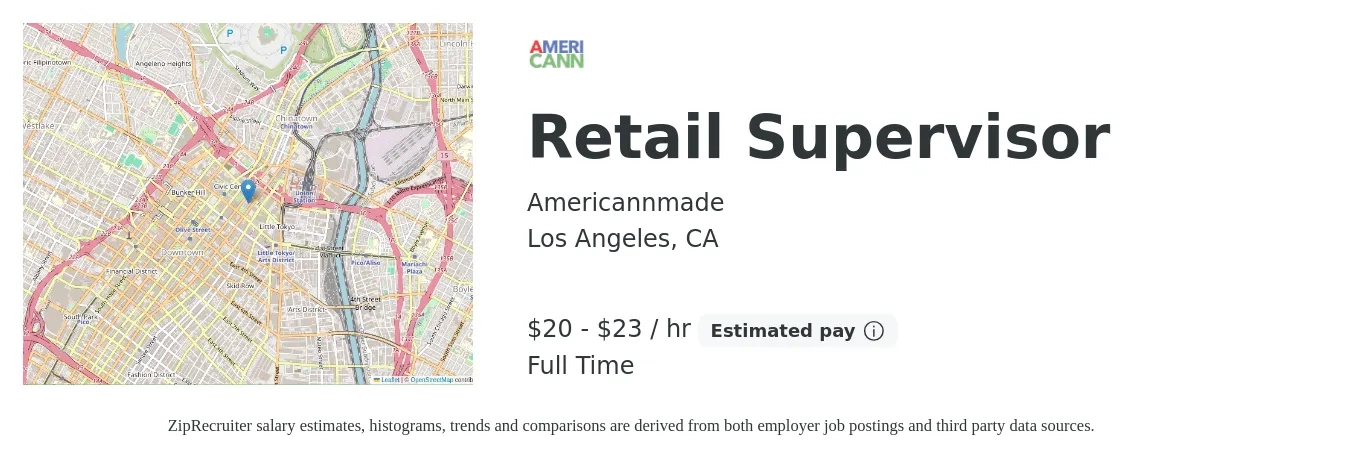 Americannmade job posting for a Retail Supervisor in Los Angeles, CA with a salary of $21 to $24 Hourly with a map of Los Angeles location.