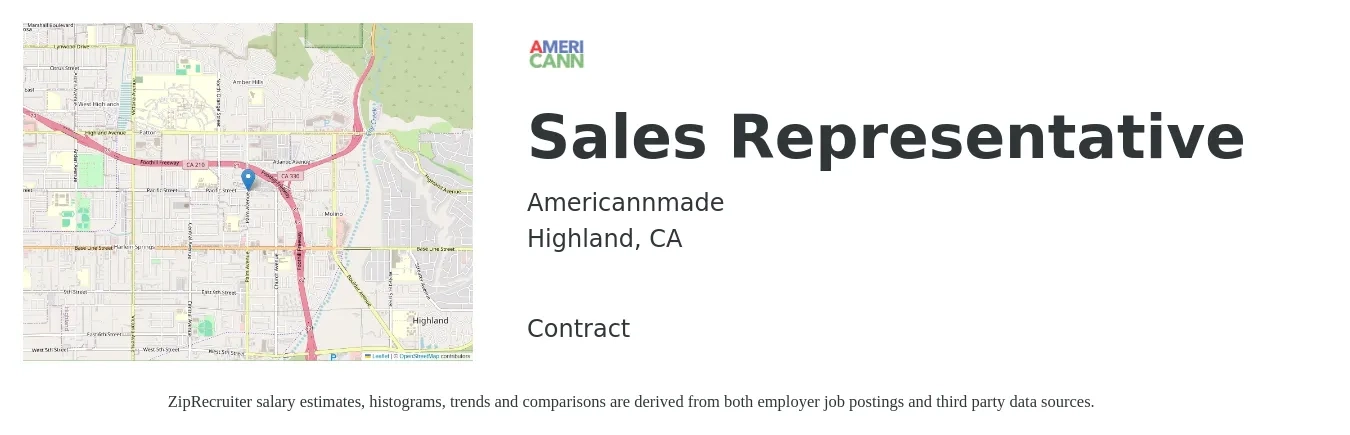 Americannmade job posting for a Sales Representative in Highland, CA with a salary of $53,100 to $92,400 Yearly with a map of Highland location.