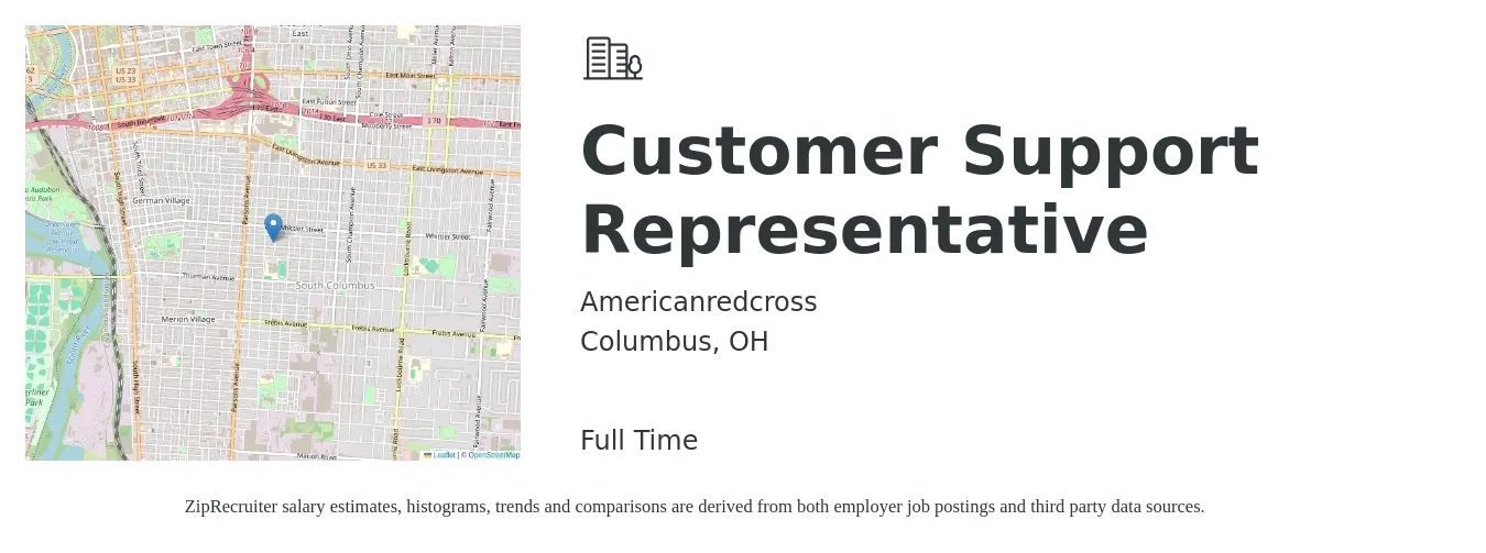 Americanredcross job posting for a Customer Support Representative in Columbus, OH with a salary of $16 to $21 Hourly with a map of Columbus location.