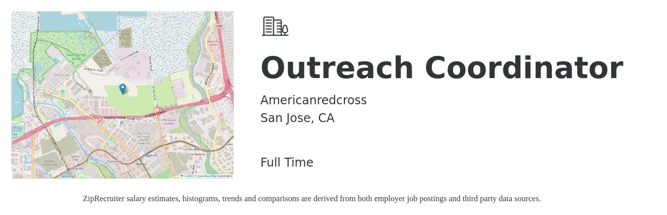 Americanredcross job posting for a Outreach Coordinator in San Jose, CA with a salary of $24 to $35 Hourly with a map of San Jose location.