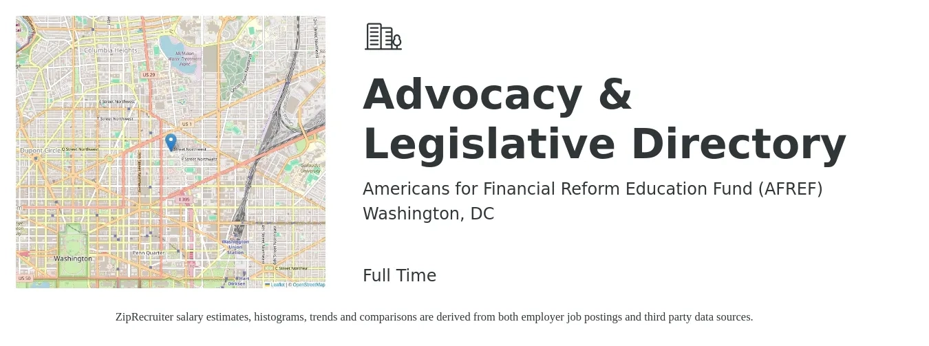Americans for Financial Reform Education Fund (AFREF) job posting for a Advocacy & Legislative Directory in Washington, DC with a salary of $105,000 to $130,000 Yearly with a map of Washington location.
