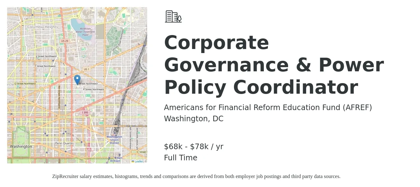 Americans for Financial Reform Education Fund (AFREF) job posting for a Corporate Governance & Power Policy Coordinator in Washington, DC with a salary of $68,000 to $78,000 Yearly with a map of Washington location.