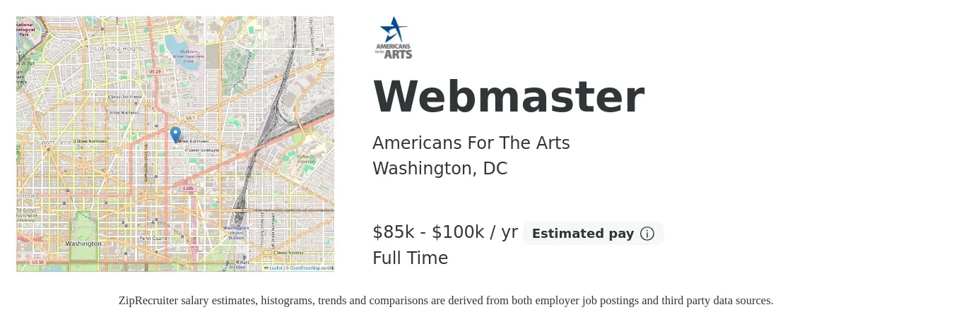 Americans For The Arts job posting for a Webmaster in Washington, DC with a salary of $85,000 to $100,000 Yearly with a map of Washington location.