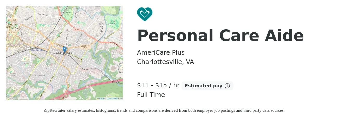 AmeriCare Plus job posting for a Personal Care Aide in Charlottesville, VA with a salary of $12 to $16 Hourly with a map of Charlottesville location.