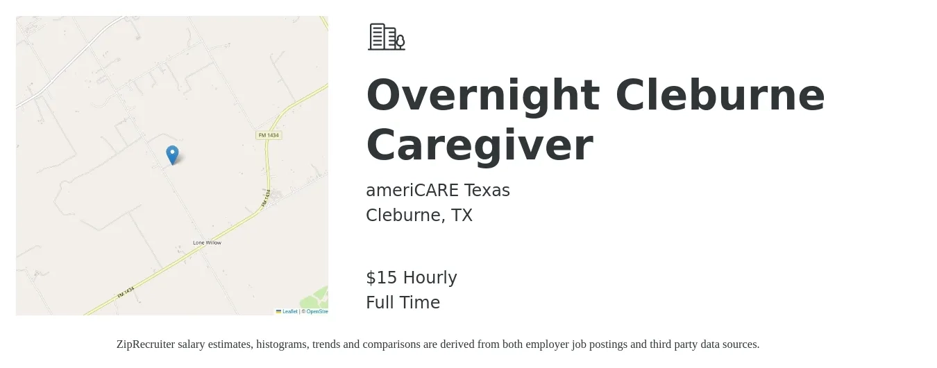 ameriCARE Texas job posting for a Overnight Cleburne Caregiver in Cleburne, TX with a salary of $16 Hourly with a map of Cleburne location.