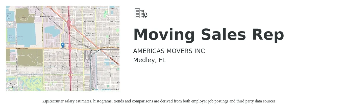 AMERICAS MOVERS INC job posting for a Moving Sales Rep in Medley, FL with a salary of $500 to $2,000 Weekly with a map of Medley location.