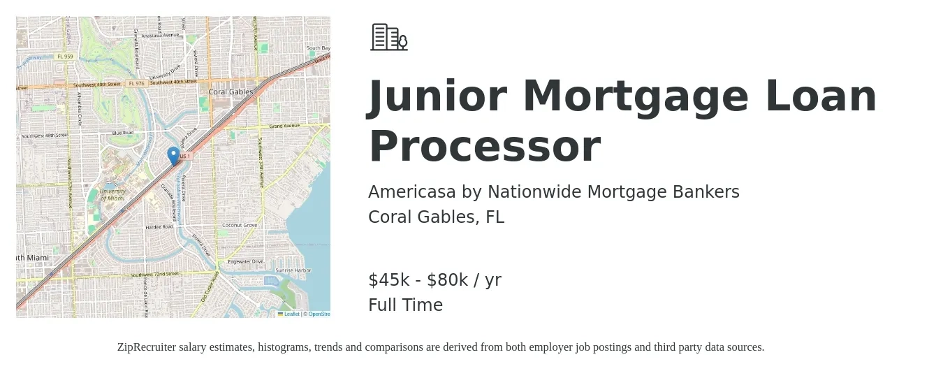 Americasa by Nationwide Mortgage Bankers job posting for a Junior Mortgage Loan Processor in Coral Gables, FL with a salary of $45,000 to $80,000 Yearly with a map of Coral Gables location.