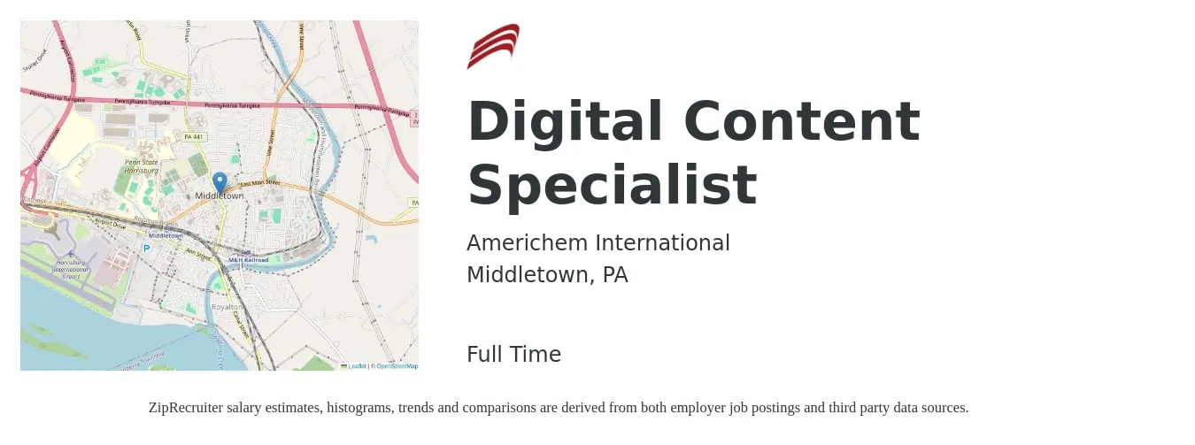 Americhem International job posting for a Digital Content Specialist in Middletown, PA with a salary of $55,000 Yearly with a map of Middletown location.
