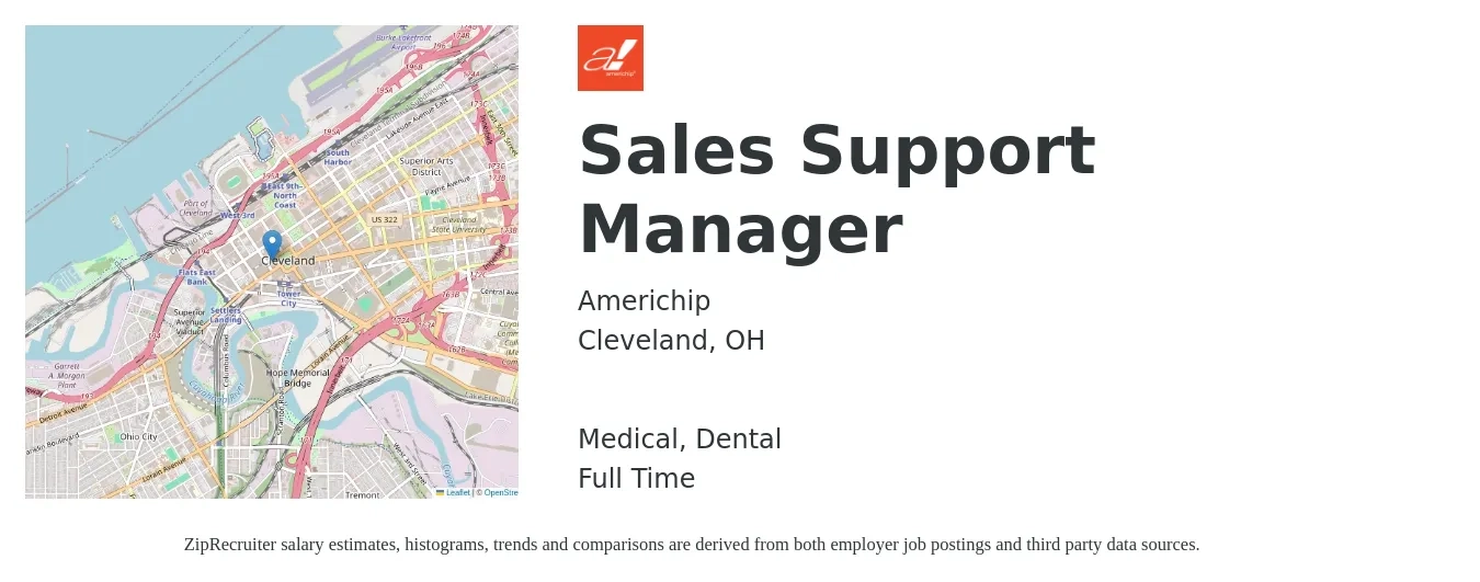Americhip job posting for a Sales Support Manager in Cleveland, OH with a salary of $43,200 to $85,800 Yearly and benefits including medical, retirement, and dental with a map of Cleveland location.