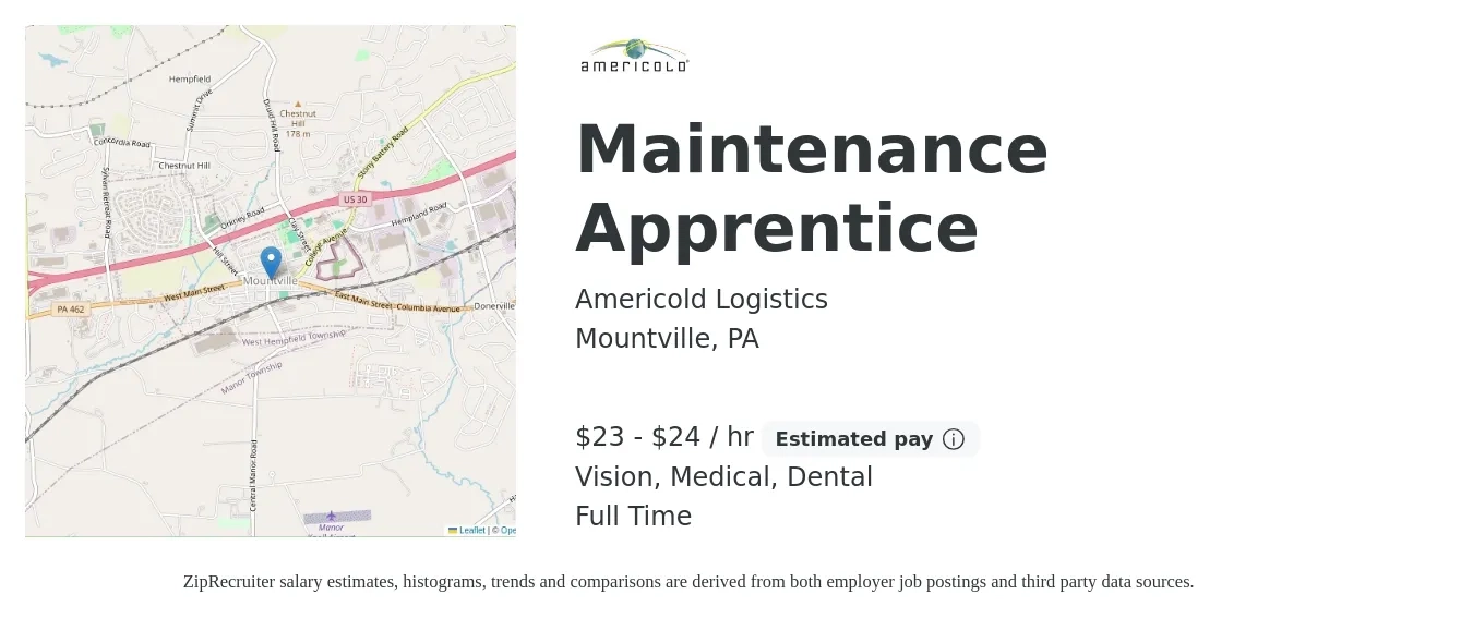 Americold Logistics job posting for a Maintenance Apprentice in Mountville, PA with a salary of $24 to $25 Hourly and benefits including dental, life_insurance, medical, pto, retirement, and vision with a map of Mountville location.