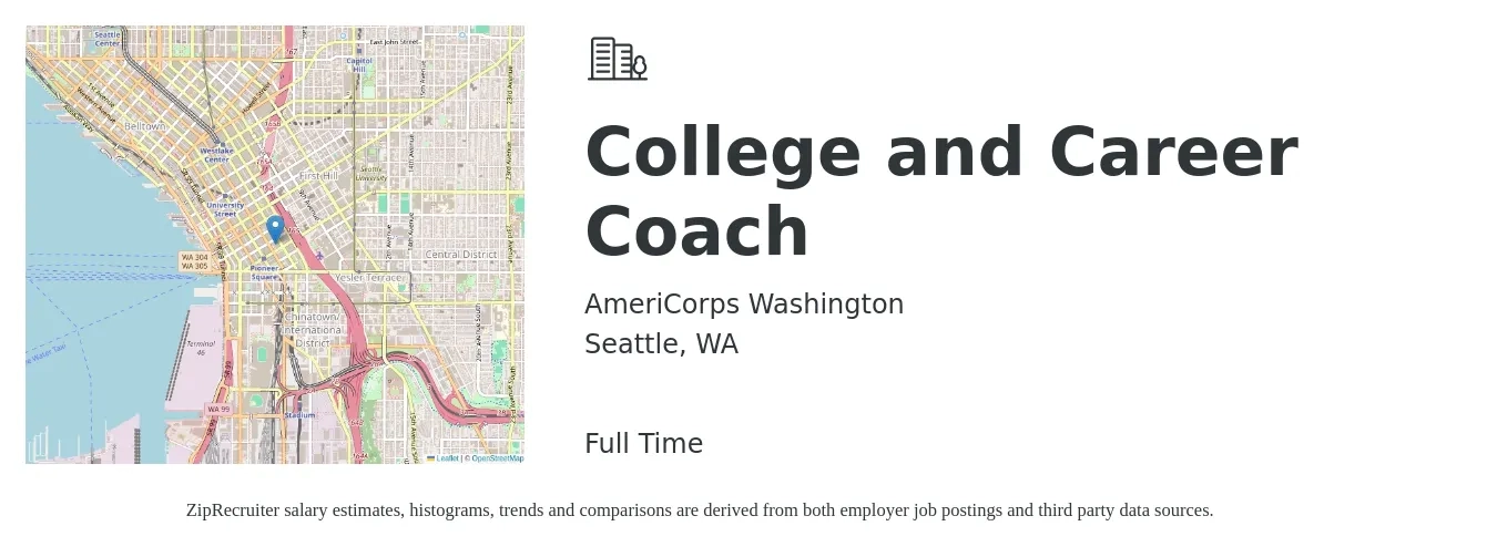 AmeriCorps Washington job posting for a College and Career Coach in Seattle, WA with a salary of $21 to $29 Hourly with a map of Seattle location.