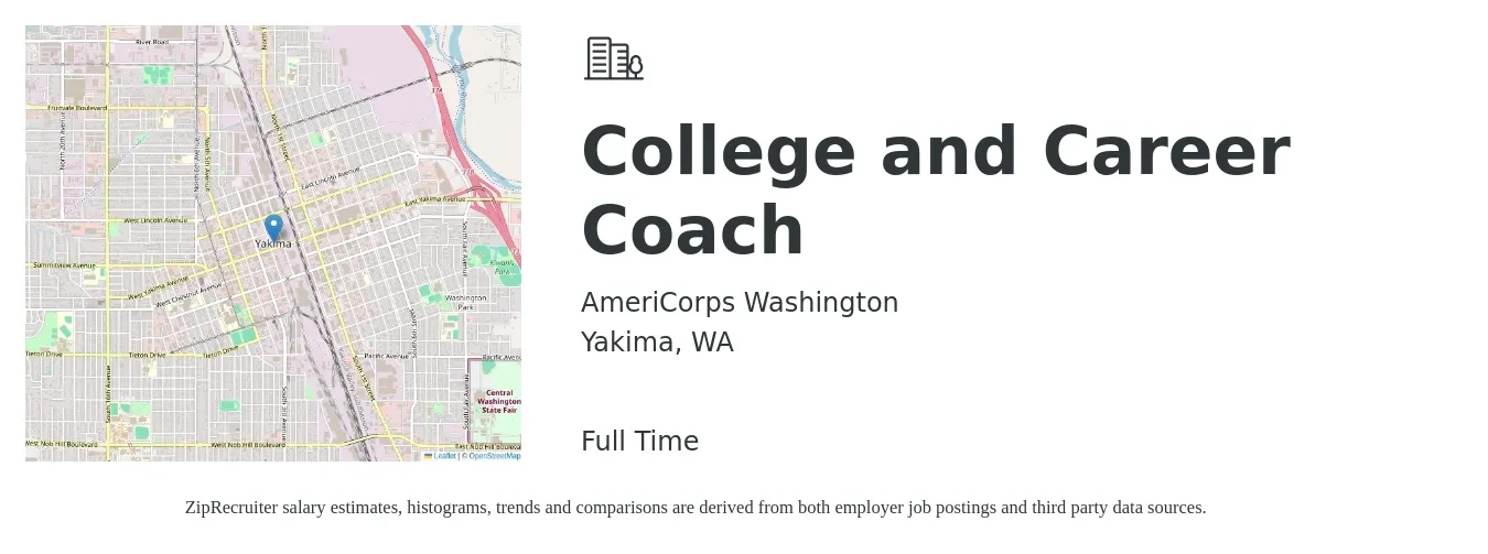 AmeriCorps Washington job posting for a College and Career Coach in Yakima, WA with a salary of $19 to $26 Hourly with a map of Yakima location.