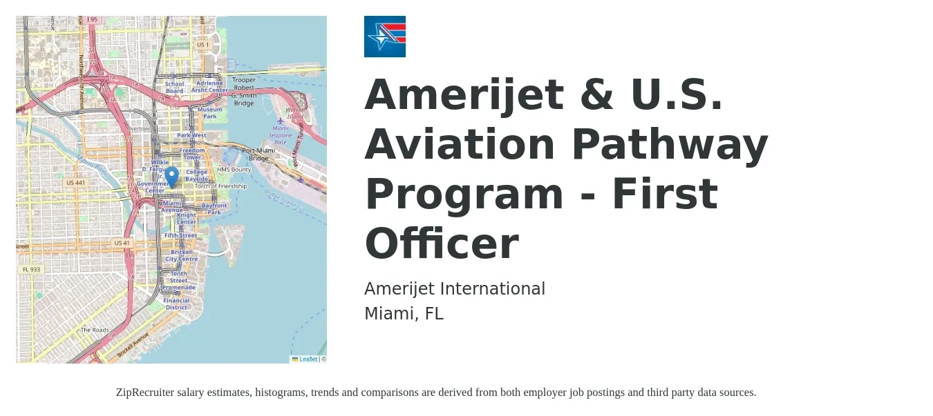Amerijet International job posting for a Amerijet & U.S. Aviation Pathway Program - First Officer in Miami, FL with a salary of $68,400 to $126,200 Yearly with a map of Miami location.