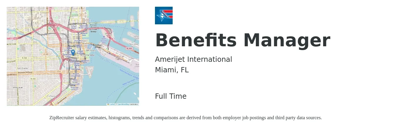 Amerijet International job posting for a Benefits Manager in Miami, FL with a salary of $63,600 to $99,900 Yearly with a map of Miami location.