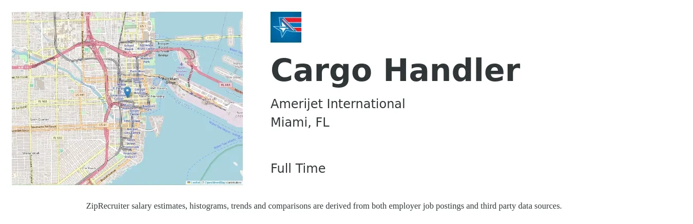 Amerijet International job posting for a Cargo Handler in Miami, FL with a salary of $17 to $20 Hourly with a map of Miami location.