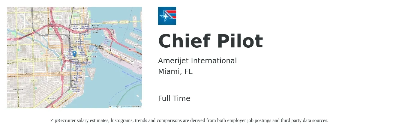 Amerijet International job posting for a Chief Pilot in Miami, FL with a salary of $116,700 to $198,000 Yearly with a map of Miami location.