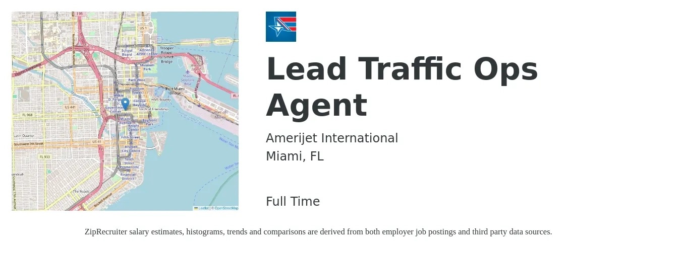Amerijet International job posting for a Lead Traffic Ops Agent in Miami, FL with a salary of $14 Hourly with a map of Miami location.