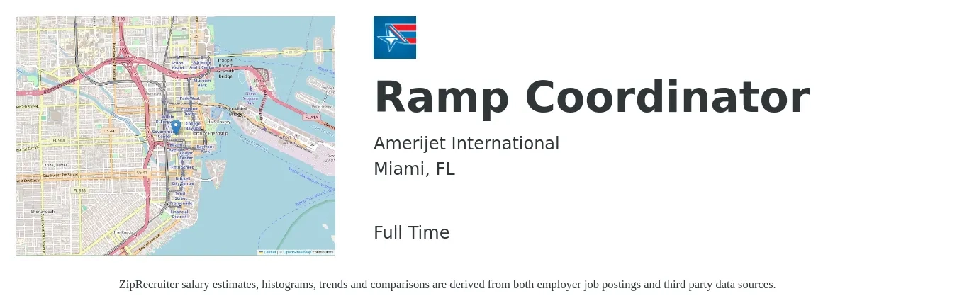Amerijet International job posting for a Ramp Coordinator in Miami, FL with a salary of $44,000 to $57,400 Yearly with a map of Miami location.