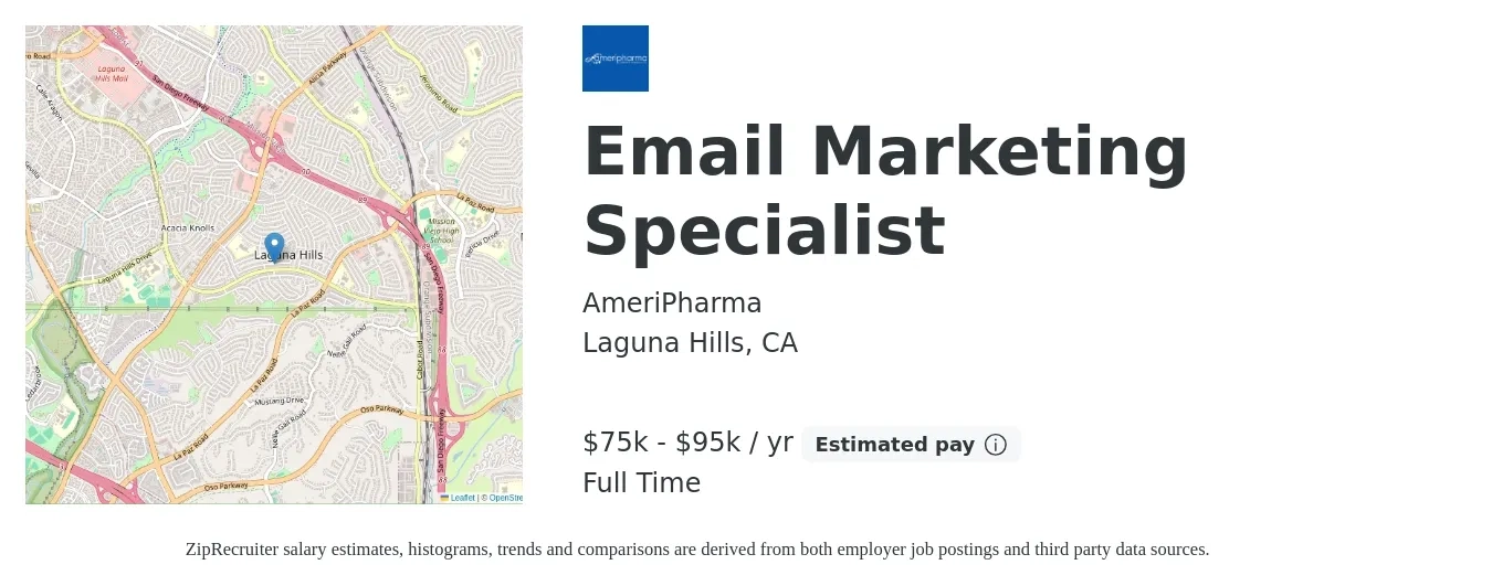 AmeriPharma job posting for a Email Marketing Specialist in Laguna Hills, CA with a salary of $75,000 to $95,000 Yearly with a map of Laguna Hills location.
