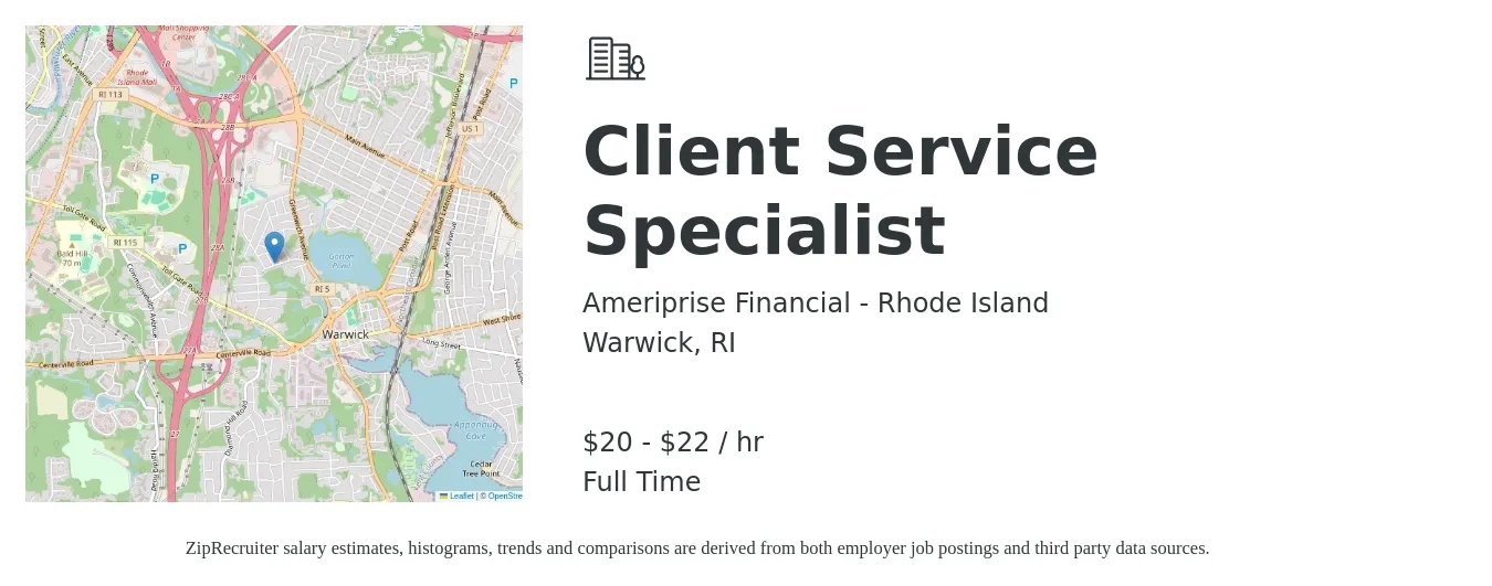 Ameriprise Financial - Rhode Island job posting for a Client Service Specialist in Warwick, RI with a salary of $21 to $23 Hourly with a map of Warwick location.