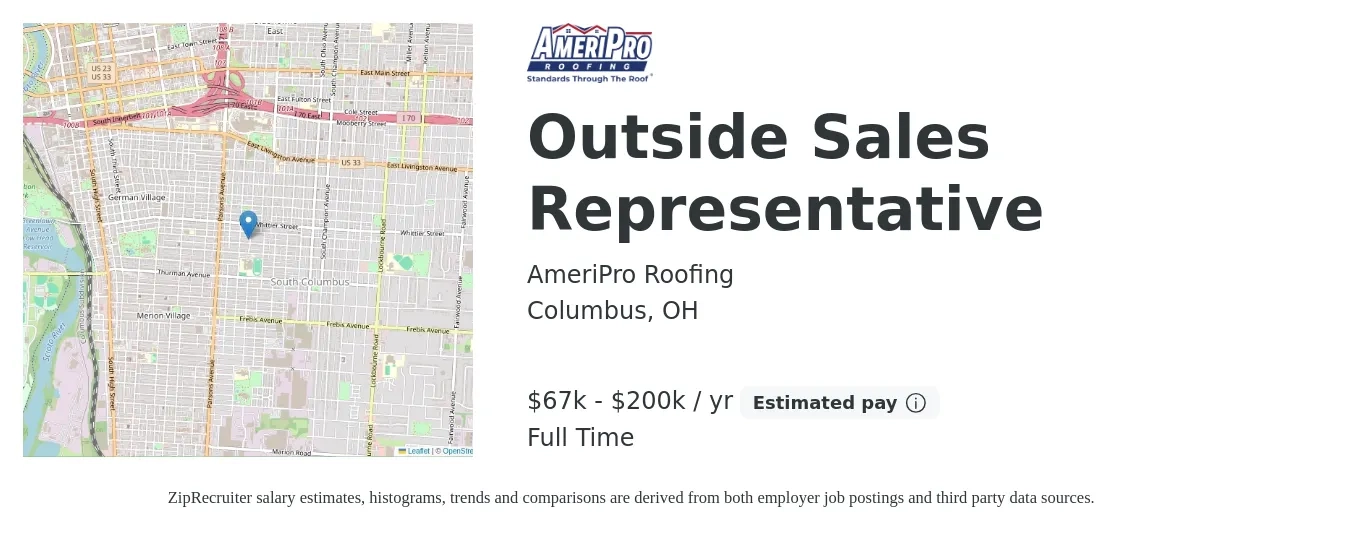 AmeriPro Roofing job posting for a Outside Sales Representative in Columbus, OH with a salary of $67,000 to $200,000 Yearly with a map of Columbus location.