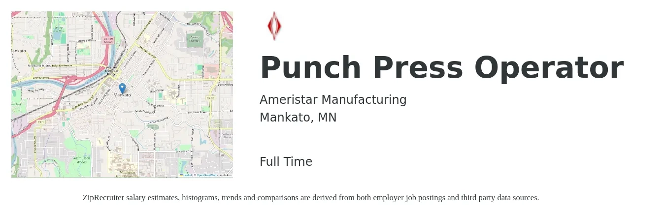 Ameristar Manufacturing job posting for a Punch Press Operator in Mankato, MN with a salary of $18 to $22 Hourly with a map of Mankato location.