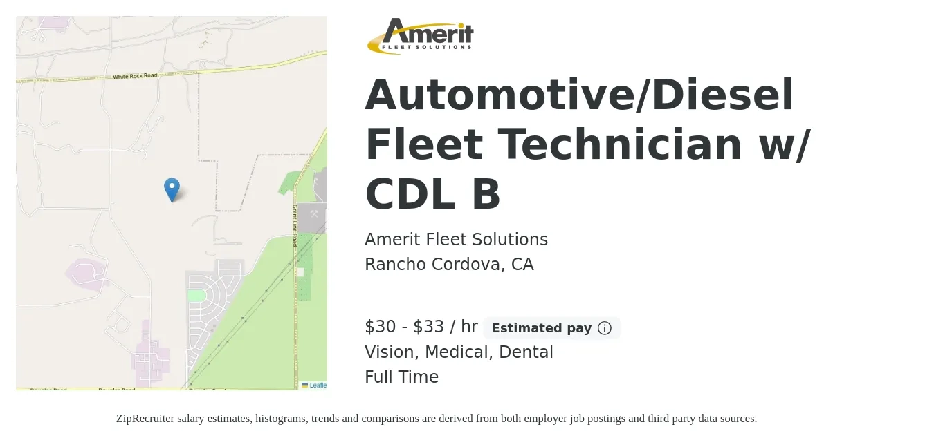 Amerit Fleet Solutions job posting for a Automotive/Diesel Fleet Technician w/ CDL B in Rancho Cordova, CA with a salary of $32 to $35 Hourly and benefits including medical, retirement, vision, dental, and life_insurance with a map of Rancho Cordova location.