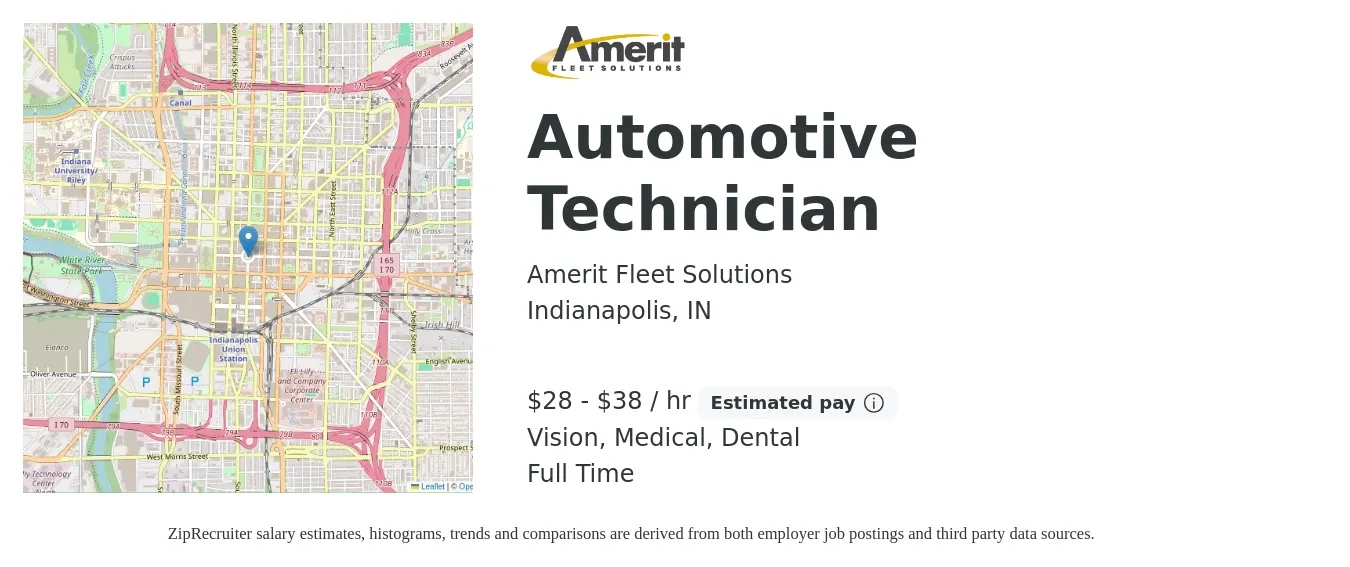 Amerit Fleet Solutions job posting for a Automotive Technician in Indianapolis, IN with a salary of $30 to $40 Hourly and benefits including dental, life_insurance, medical, pto, retirement, and vision with a map of Indianapolis location.