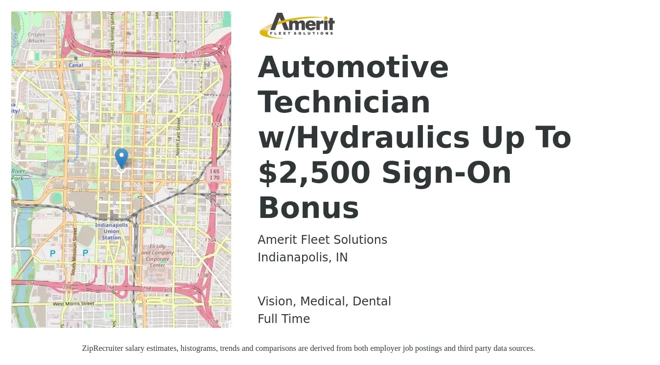 Amerit Fleet Solutions job posting for a Automotive Technician w/Hydraulics Up To $2,500 Sign-On Bonus in Indianapolis, IN with a salary of $21 to $33 Hourly and benefits including medical, pto, retirement, vision, dental, and life_insurance with a map of Indianapolis location.