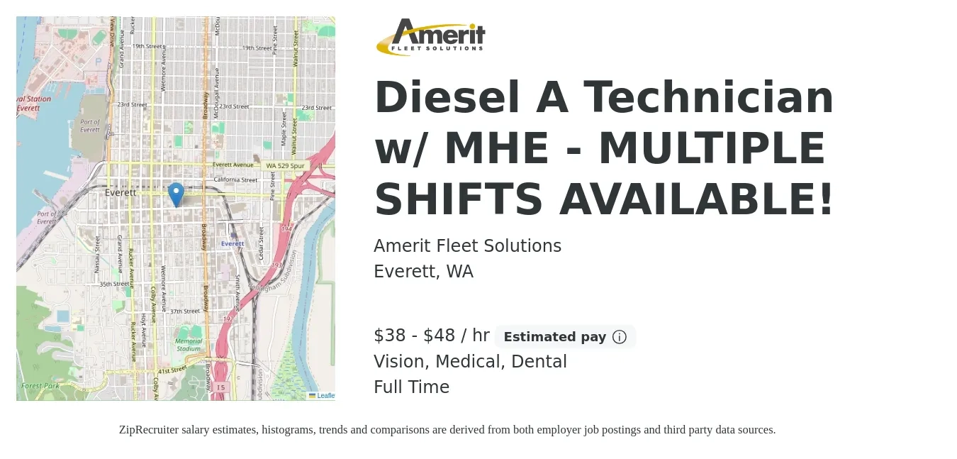 Amerit Fleet Solutions job posting for a Diesel A Technician w/ MHE - MULTIPLE SHIFTS AVAILABLE! in Everett, WA with a salary of $40 to $50 Hourly and benefits including dental, life_insurance, medical, pto, retirement, and vision with a map of Everett location.