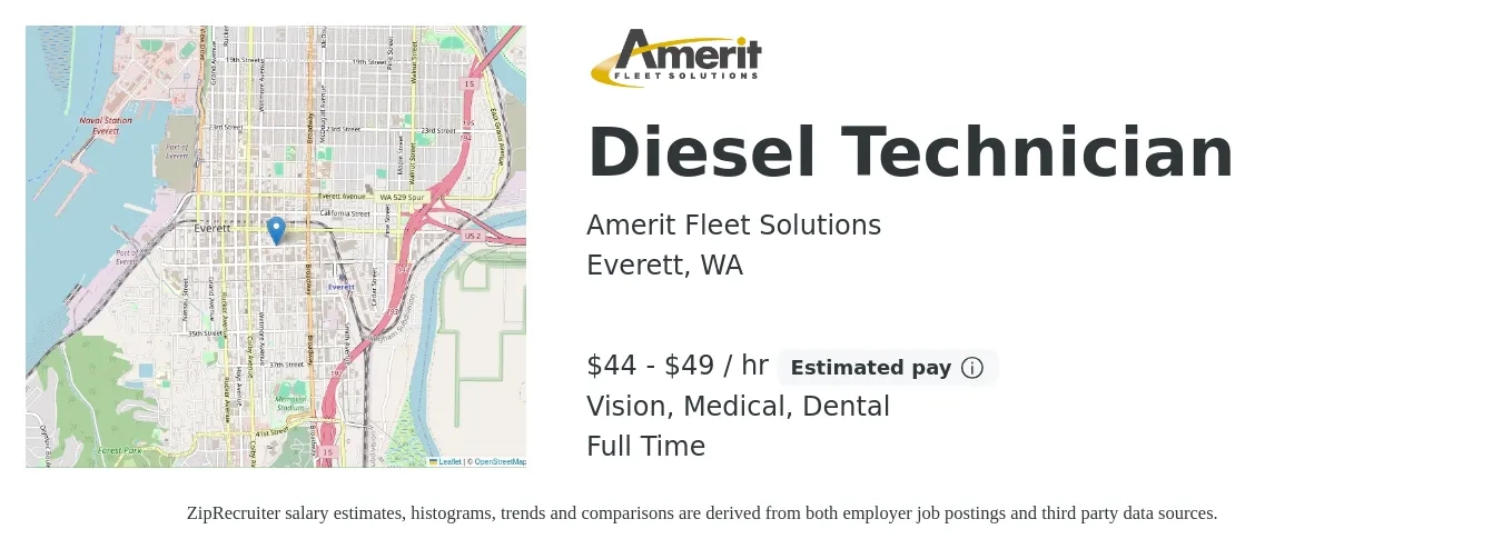Amerit Fleet Solutions job posting for a Diesel Technician in Everett, WA with a salary of $46 to $51 Hourly and benefits including life_insurance, medical, pto, retirement, vision, and dental with a map of Everett location.