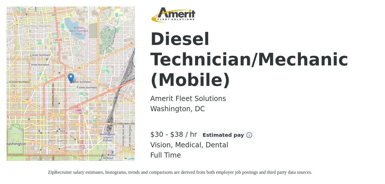 Amerit Fleet Solutions job posting for a Diesel Technician/Mechanic (Mobile) in Washington, DC with a salary of $32 to $40 Hourly and benefits including dental, life_insurance, medical, retirement, and vision with a map of Washington location.