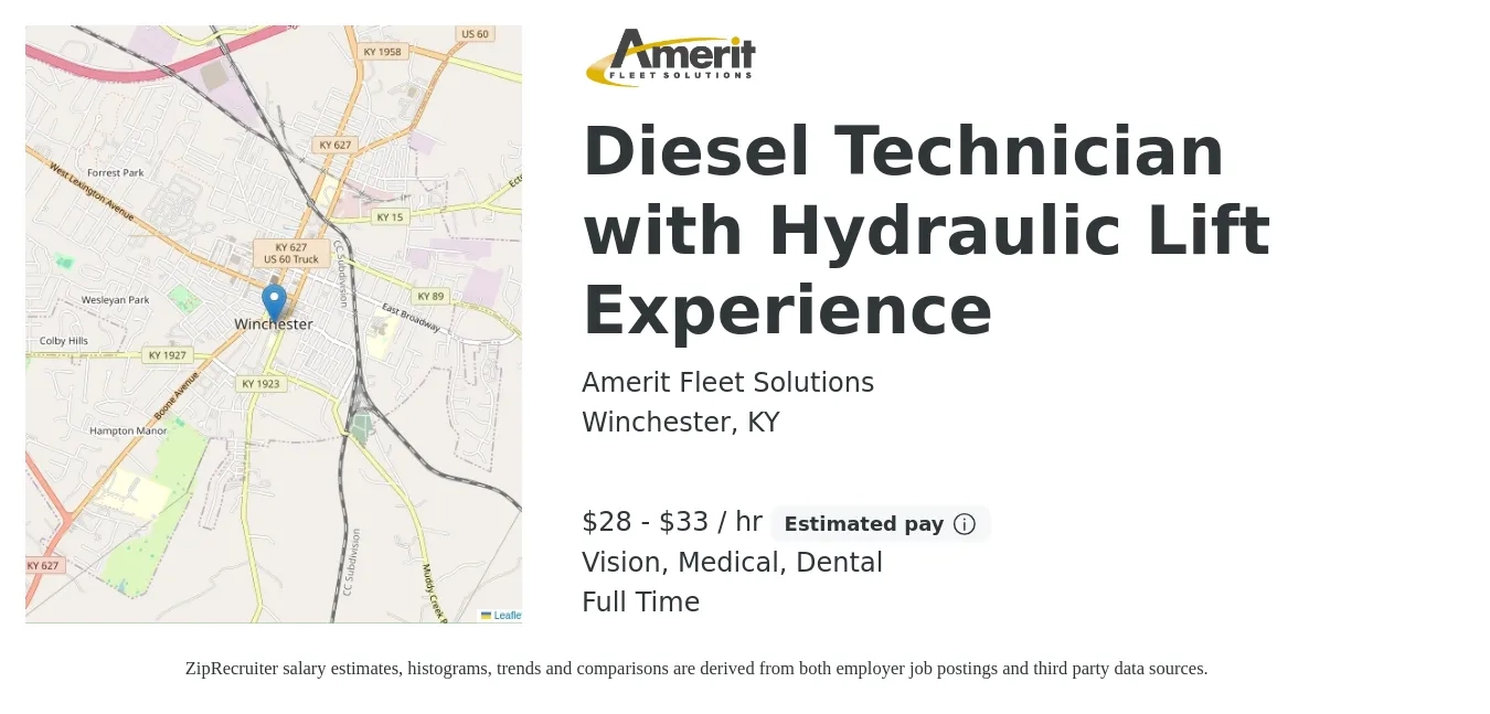 Amerit Fleet Solutions job posting for a Diesel Technician with Hydraulic Lift Experience in Winchester, KY with a salary of $30 to $35 Hourly and benefits including pto, retirement, vision, dental, life_insurance, and medical with a map of Winchester location.