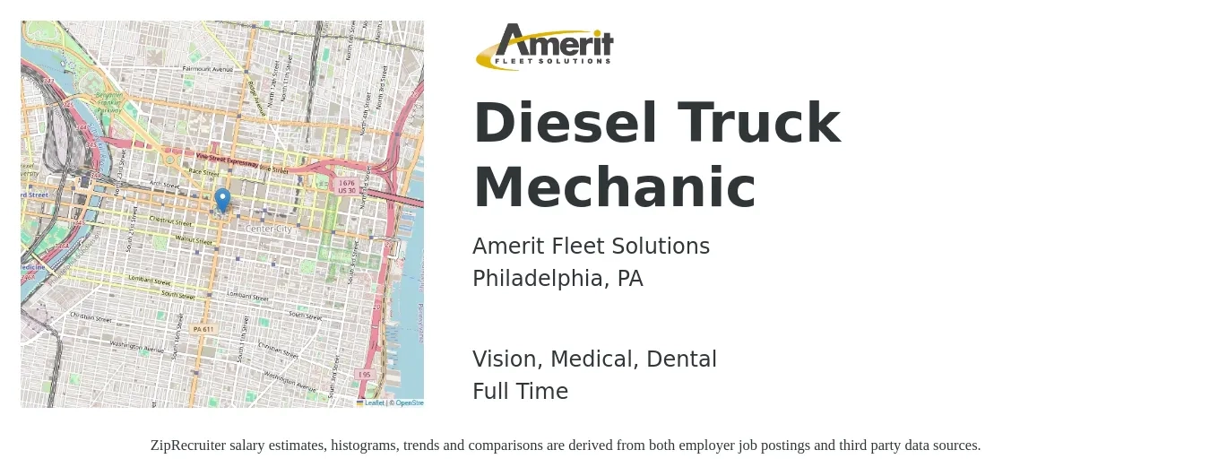 Amerit Fleet Solutions job posting for a Diesel Truck Mechanic in Philadelphia, PA with a salary of $28 to $33 Hourly and benefits including vision, dental, life_insurance, medical, pto, and retirement with a map of Philadelphia location.